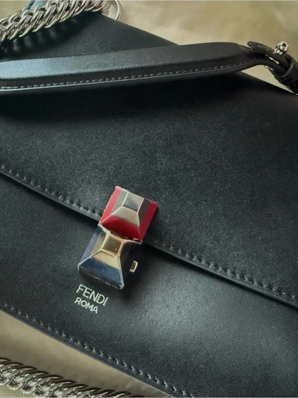 Fendi Black Leather Shoulder Bag with Multicolor Push-Lock—Authentic